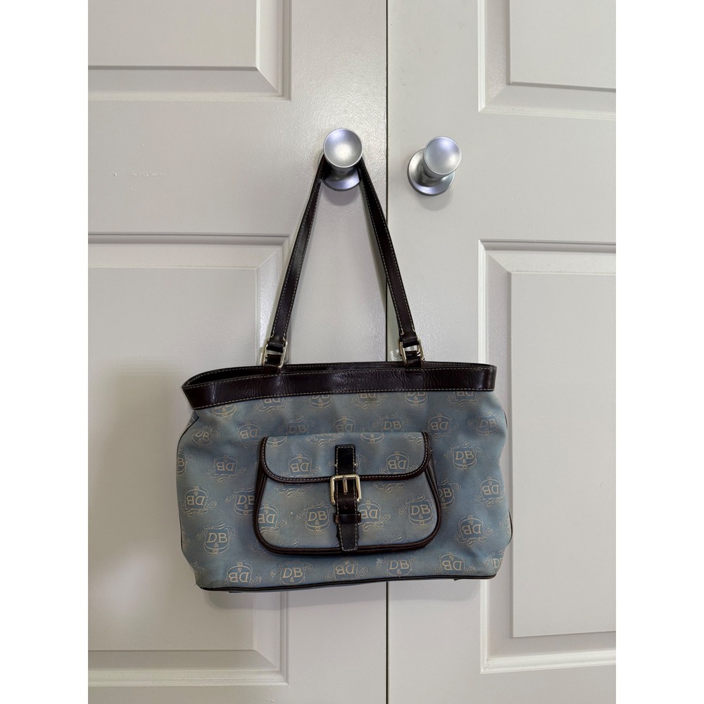 Dooney & Bourke Bag M Blue Brown Monogram Denim Canvas Leather Trim Y2K Vtg